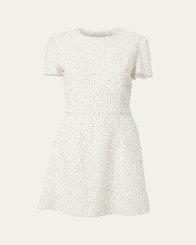Pearly Embellished Short-Sleeve Mini Dress